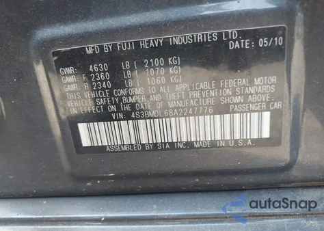 2010 Subaru Legacy 3.6R Limited из США, поврежденный, VIN 4S3BMDL68A2247776